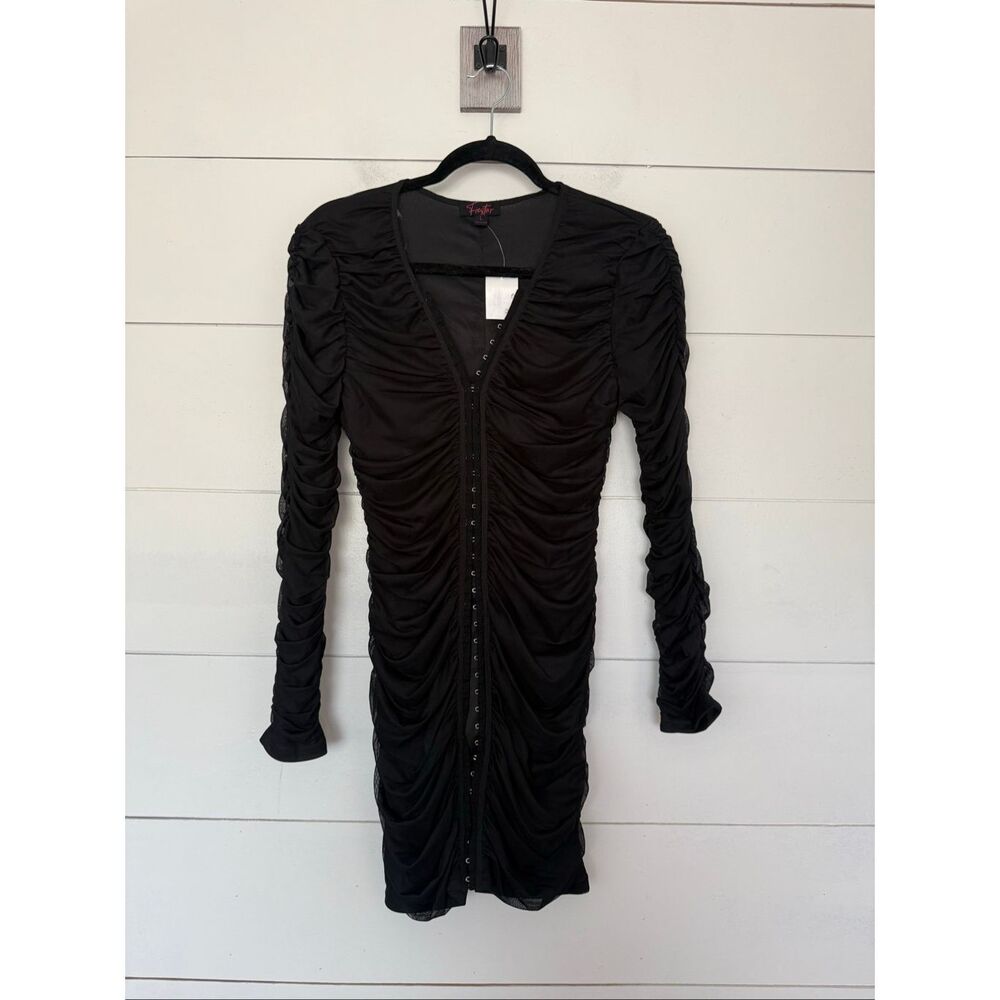 Fiestar Women’s Large Black Ruched Bodycon Mini Dress Deep V Hook and Eye Dress